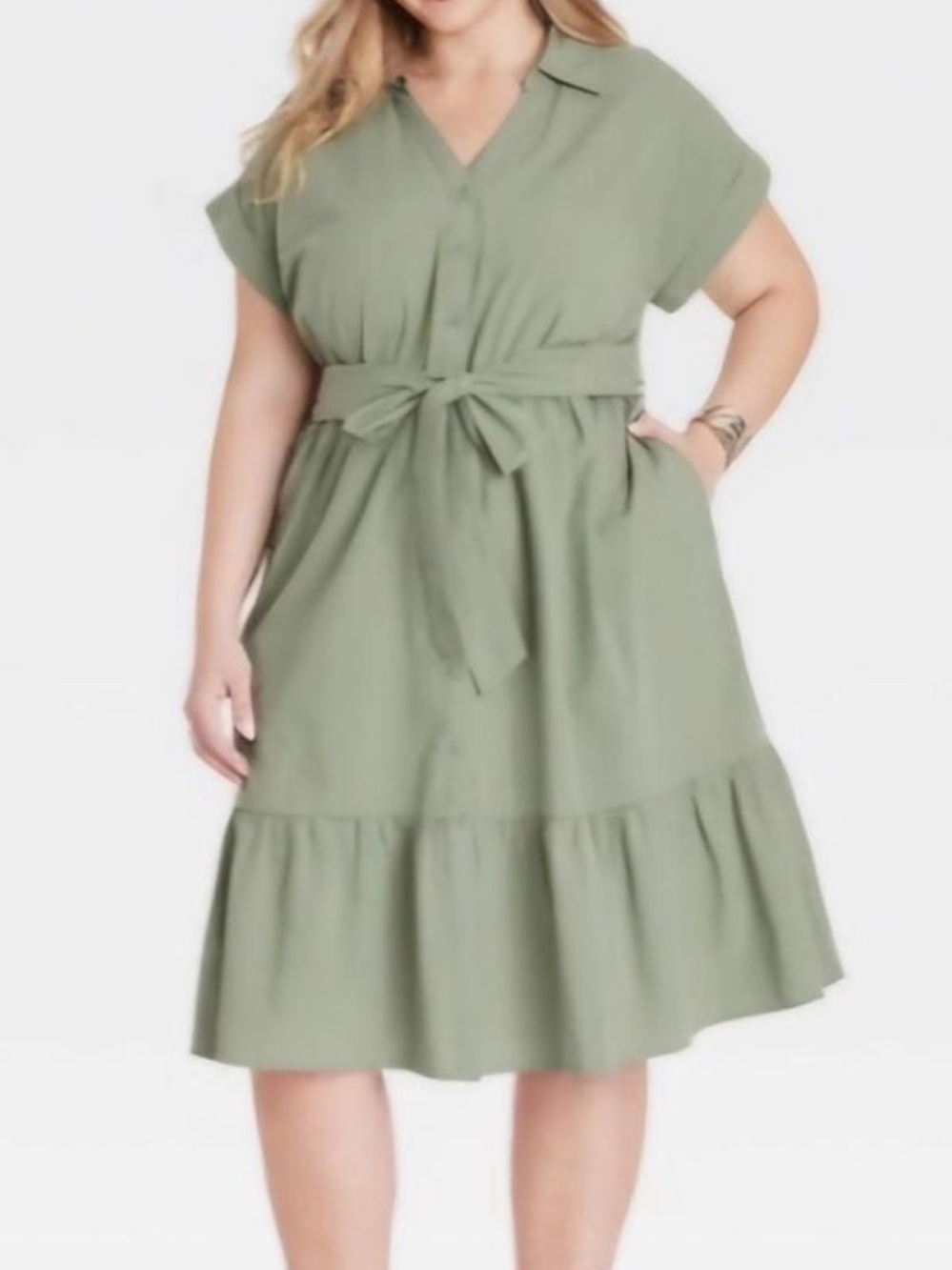 Ava & Viv 2X Sage Green Button Front Midi Plus Size Dress